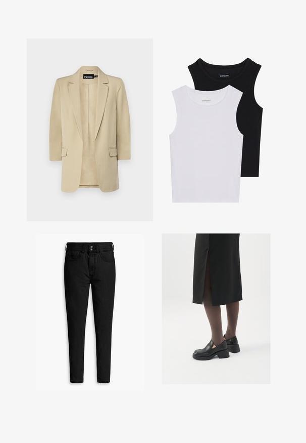 Beige Blazer mit taillierter Passform, Ein-Knopf-Verschluss und zwei Fronttaschen. Hergestellt aus glattem Stoff mit leichtem Glanz, mit Reverskragen.; Zwei ärmellose Oberteile in Schwarz und Weiß, aus geripptem Baumwollstoff, mit runden Ausschnitten und einem taillierten Design. Etiketten auf beiden sichtbar.; Schwarze Denim-Jeans im Slim Fit, mit zwei vorderen Taschen, einem knöpfbaren Bund und einer glatten Textur. Klassisches Design ohne Verzierungen.; Schwarze Lederschuhe mit abgerundetem Zeh, dicker Blockabsatz und elastischen seitlichen Akzenten, kombiniert mit dunklen Strumpfhosen und einem schwarzen Rock mit Schlitz.