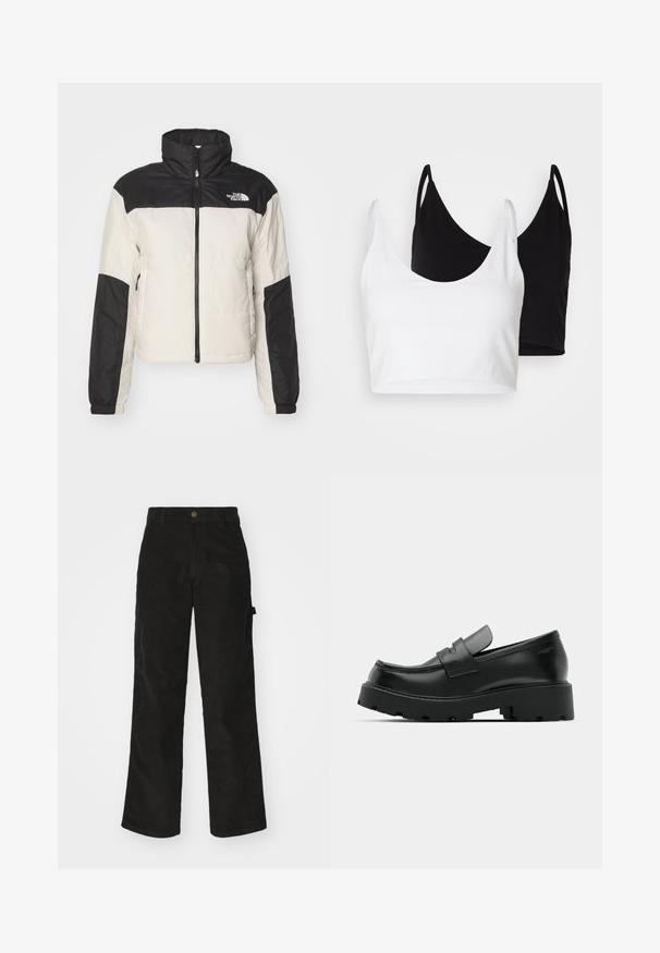The North Face GOSEI PUFFER - Allvädersjacka - white dune; Två bomullstopp i vitt och svart. Varje topp har en djup krage och tunna axelband, med en slät och mjuk textur.; Svarta kordfloddsbyxor med rak bendesign, med knappstängning och sidofickor. Slät textur med fina vertikala ränder.; Svarta läderloafers med en kraftig strukturerad sula, med ett band över fotdelen och en slät, polerad yta.
