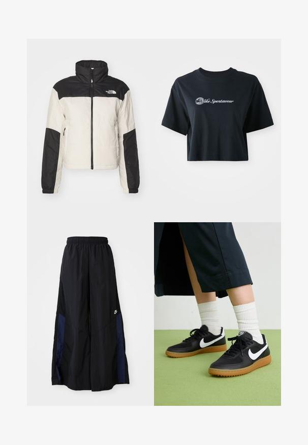 The North Face GOSEI PUFFER - Jachetă subțire - white dune; Tricou negru din bumbac, scurt, cu mâneci scurte, având text alb "Vice Sportswear" și un grafic circular pe față.; Pantaloni negri cu croi larg, confecționați dintr-un material ușor, având un panou lateral albastru marin și un brâu elastic. Logo mic alb în partea de jos.; Sneakers negre din piele și material sintetic cu logo-ul alb Nike, talpă din cauciuc, vârful rotund și șireturi negre. Șosete albe cu nervuri vizibile.