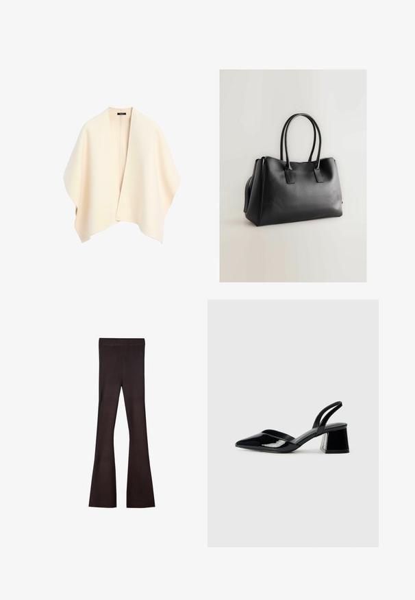 Krémový vlněný šál, otevřený vpředu, bez zapínání. Měkká textura, splývavý design a široké rukávy s zaoblenými okraji. Minimalistický styl.; Černé bavlněné tričko s krátkým rukávem, na levém prsou s malou grafikou růžové motýlky. Design s kruhovým výstřihem a volným střihem.; Bershka Kalhoty - dark brown; Černé lakované kožené lodičky na pásku s špičatou špičkou a geometrickým blokovým podpatkem. Vyznačují se elegantním, minimalistickým designem a hladkým povrchem.; Černá taška z umělé kůže s dvojitými dlouhými uchy, tvarovaná, hladká textura a minimalistický design. Žádný viditelný kovový doplněk ani akcenty.