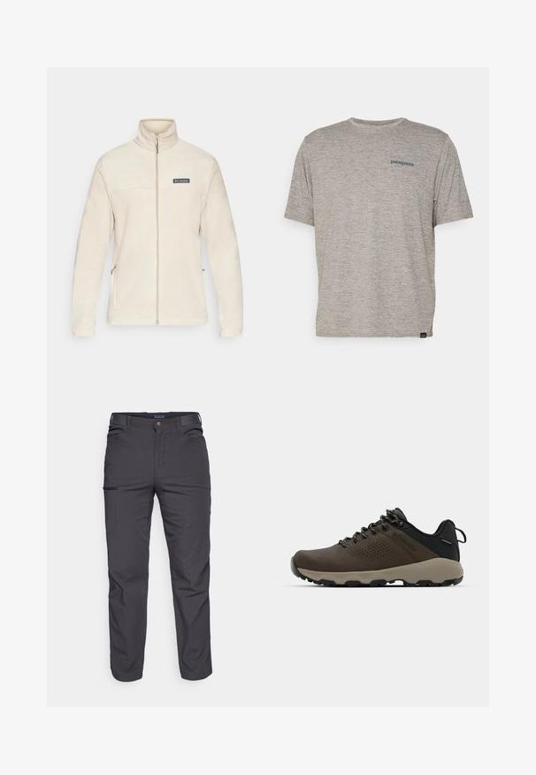 Bežs fliša jaka ar augstu apkakli, pilnu rāvējslēdzēju un sānu kabatām. Iezīmes melns logo uz krūtīm, mīksta tekstūra un garas piedurknes.; Pelēka īsām piedurknēm kreks, kas izgatavots no mīkstas teksturētas auduma, ar mazu zilu Patagonia logotipu kreisajā krūtī. Bez papildu rakstiem.; Tumši pelēki bikses, kas izgatavotas no izturīgas auduma, ar rāvējslēdzēja kabatu, taisnu piegriezumu un jostu cilpām, lai pielāgotu fit.; Brūni ūdensnecaurlaidīgi sporta apavi ar teksturētu virsu, perforētiem akcentiem, melnu papēža atbalstu un pelēku gumijas zoli. Šņores veidotas ar metāliskiem galiem.