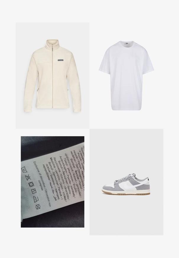 Beige Fleecejacke mit hohem Kragen, durchgehendem Reißverschluss und seitlichen Taschen. Verfügt über ein schwarzes Logo-Patch auf der Brust, weichen Stoff und lange Ärmel.; Weiße Baumwoll-T-Shirt mit kurzen Ärmeln, rundem Ausschnitt, lockerer Passform und ohne sichtbare Logos oder Muster. Glatte Textur und minimalistisches Design.; Etikett mit mehrsprachigem Text, Pflegehinweisen und Recycling-Symbolen, auf einem weichen, textilähnlichen Material in heller Farbe gedruckt.; Graue und weiße Sneaker mit einem Obermaterial aus Wildleder und Leder, abgerundeter Spitze, flachen Schnürsenkeln und einer Gummisohle mit einem Kautschukakzent.