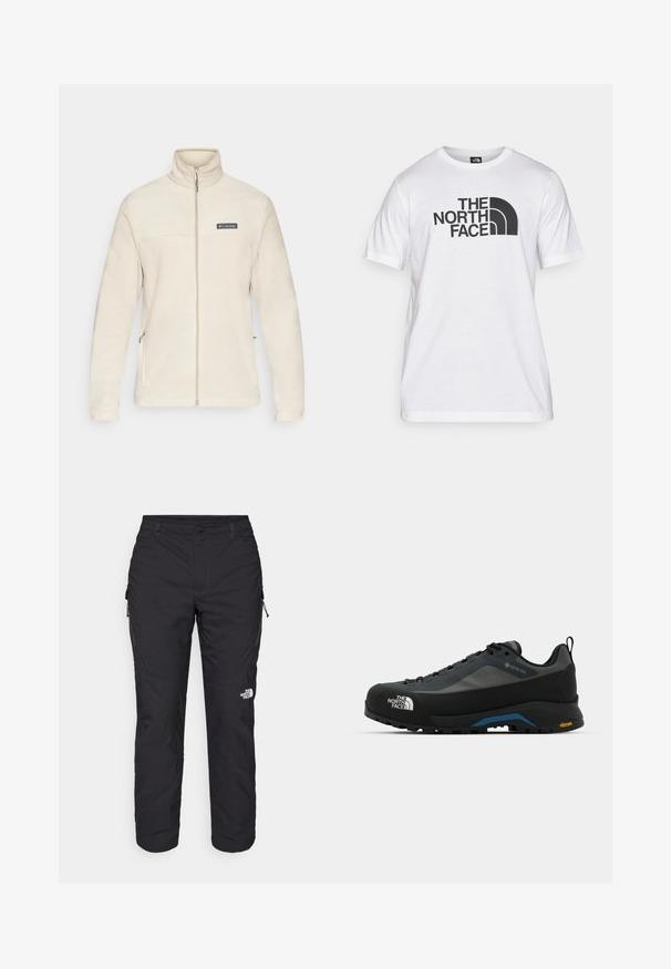 Beige fleecejacka med hög krage, hel dragkedja och sidfickor. Har en svart logotyp där på bröstet, mjuk textur och långa ärmar.; Vitt bomullströja med svart grafisk tryck som har text och en rundad logotypdesign. Rund halsringning och korta ärmar. Enslig textur.; The North Face WINTER EXPLORATION TAPERED CARGO - Friluftsbyxor - black; The North Face VERTO ALPINE GORE TEX - Hikingskor - asphalt grey/tnf black