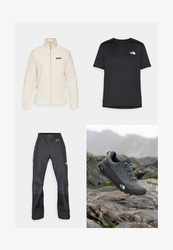 Beige fleece jack met een hoge kraag, volledige ritssluiting en zijzakken. Kenmerken zijn een zwart logo-patch op de borst, een zachte textuur en lange mouwen.; Zwarte T-shirt met korte mouwen, gemaakt van lichtgewicht stof. Bevat een klein wit logo op de linkerborst en verfijnde schouderaccenten.; Zwarte waterdichte broek met een gladde textuur, voorzien van een GORE-TEX-logo op de voorkant en verstevigde onderbenen voor duurzaamheid.; Grijze trailrun-schoen met een gestructureerde bovenkant, duurzame rubbersole en versterkte neuskap. Voorzien van veters en een merkimprint aan de zijkant.