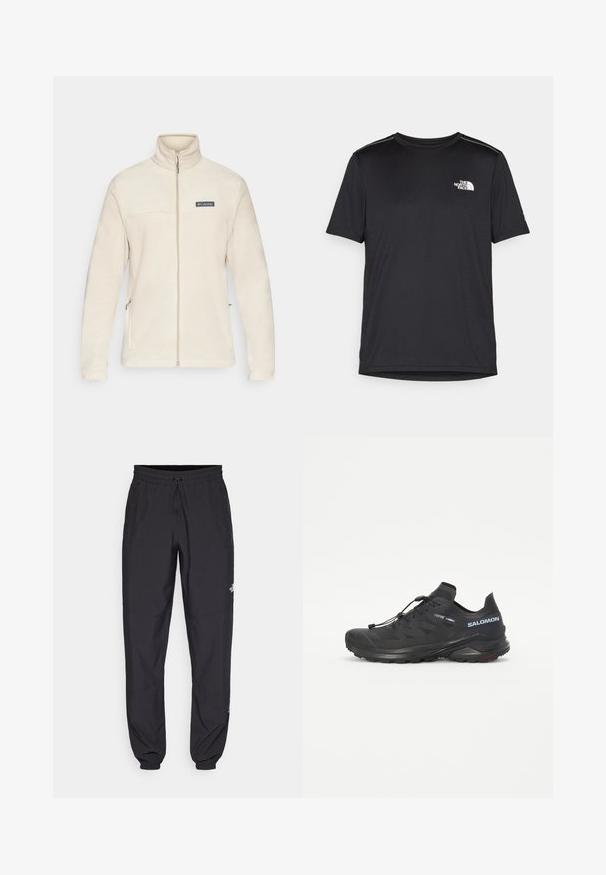 Bežna flis jakna z visokim ovratnikom, polnim zadrgo in stranskimi žepe. Ima črn logotipni našitek na prsih, mehak teksturo in dolge rokave.; Črna kratkosleevena majica iz lahkotnega materiala. Ima majhen bel logo na levem prsnem delu in diskretne poudarke na ramenskem predelu.; Črne atletske hlače iz lahkega materiala, ki imajo elastični pas z vezalko, stranske žepe in zožene manšete na gležnjih.; Črne tekaške čevlje za terene z teksturiranim zgornjim delom, elastičnimi vezalkami in Contagrip podplatom. Imajo udoben prileganje in zaščitni kapica za prste.
