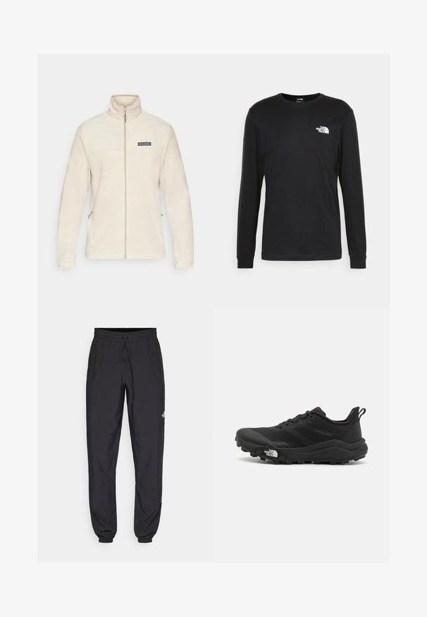 Beige fleece jack met een hoge kraag, volledige ritssluiting en zijzakken. Kenmerken zijn een zwart logo-patch op de borst, een zachte textuur en lange mouwen.; Zwarte longsleeve t-shirt van katoen, met een wit logo op de linkerkant van de borst en geribbelde manchetten. Soepele textuur met een ronde hals.; Zwarte sportieve broek gemaakt van lichtgewicht stof, met een trekkoord in de taille, zijzakken en taps toelopende boorden bij de enkels.; Zwarte trailrunning schoen met een gestructureerde bovenkant, rubberen zool en versterkte neus. Voorzien van een gevoerde kraag en een trekhaak voor eenvoudig aan- en uittrekken.