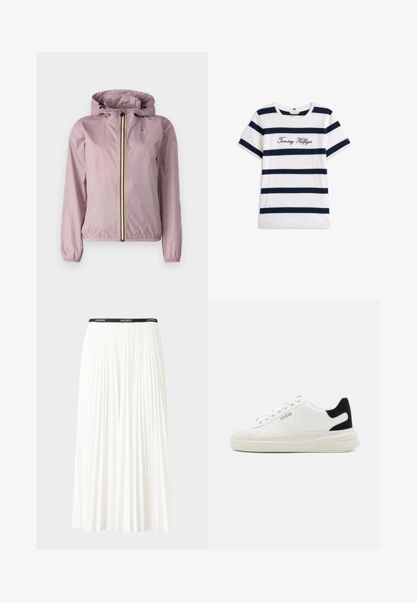 K-Way CLAUDETTE  liliowy; Bawełniana koszulka z poziomymi granatowymi paskami na białym tle. "Tommy Hilfiger" wyszyte kursywą na klatce piersiowej. Okrągły dekolt.; Plisowana biała spódnica z czarnym elastycznym pasem z logo "LACOSTE". Średniej długości, o miękkiej teksturze.; Białe skórzane sneakersy z grubą białą podeszwą, czarnym zamszowym akcentem na pięcie oraz wytłoczonym logotypem z boku. Projekt z sznurówkami i sześcioma dziurkami.