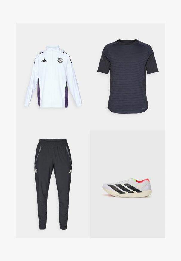 Jachetă albă cu fermoar, cu panouri laterale negre și mov. Prezintă logo-ul Adidas și emblema Manchester United pe piept. Material ușor.; Tricou sportiv cu mânecă scurtă, de culoare gri închis, având un model texturat, fabricat din material care absoarbe umezeala, și cu un design cu guler rotund.; adidas Performance ARSENAL FC TIRO25 COMPETITION VIS TECH TRAVEL PANT - Echipament cluburi fotbal - black; Adidași albi pentru alergare cu dungi negre, accente verzi neon și toc roșu. Prezintă un design ușor și o talpă texturată pentru aderență.