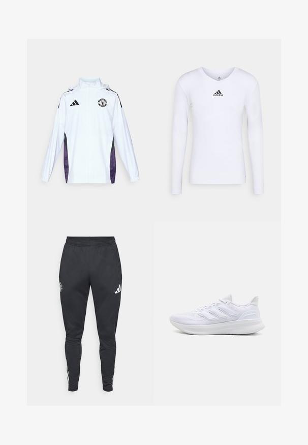 Veste blanche zippée avec des panneaux latéraux noirs et violets. Équipée du logo Adidas et du blason de Manchester United sur la poitrine. Matériau léger.; T-shirt de sport à manches longues, blanc, en matériau lisse, avec un logo Adidas noir sur la poitrine ; design en V et coupe ajustée.; Jogging noir en matière athlétique avec taille élastique, poches latérales zippées et rayures blanches Adidas sur les côtés. Présente un logo sur la cuisse.; Chaussures de sport blanches avec un dessus en mesh texturé, une semelle rembourrée et un design à trois bandes sur le côté.