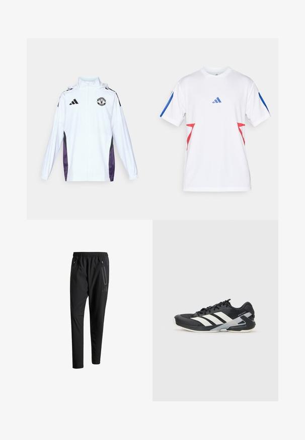 Hvit zip-up jakke med svarte og lilla sid paneler. Har Adidas-logo og Manchester United merke på brystet. Lett materiale.; Hvit treningsskjorte laget av lett mesh, med blå aksenter på ermene og røde trekantede design på sidene. Adidas-logoen er synlig.; Svarte treningsbukser med elastisk liv, to glidelåslommer på sidene, avsmalnende ben og en subtil logo detalj ved hoften.; Svart treningssko med hvite striper, mesh-overdel, avrundet tå og polstret såle. Har en teksturert hæl og et sikkert snøresystem.