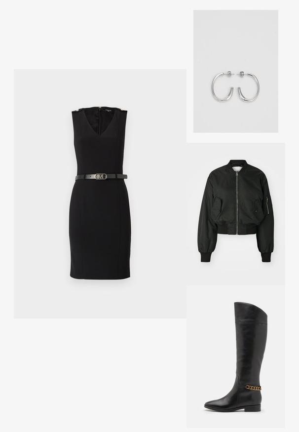 Chaqueta bomber negra con cremallera frontal, grandes bolsillos laterales y puños acanalados. Hecha de una tela suave y duradera con un diseño corto.; Vestido negro ajustado con escote en V, diseño sin mangas, que presenta acentos dorados en los hombros y un cinturón negro ceñido con una hebilla metálica.; Botas altas de cuero negro con un diseño elegante, punta afilada y un acento de cadena dorada en el tobillo. Tacón bajo tipo bloque. Textura suave.; Pendientes de aro plateados con una superficie lisa y brillante, caracterizados por una forma curva y cierre de poste. Diseño minimalista con un acabado moderno.