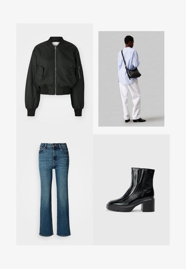 Čierna bomber bunda so zipsom vpredu, veľkými bočnými vreckami a rebrovanými manžetami. Vyrobená z hladkej, odolnej tkaniny s krátkym strihom.; Čierne bavlnené tričko s krátkymi rukávmi, klasickým výstrihom a malým bielym logom "Calvin Klein" na hrudi. Hladká textúra, klasický strih.; Džínsy s vysokým pásom, vyrobené z denimu, s rovnými nohavicami, jemným vyblednutím a štandardným zapínaním na gombík a zips.; Čierne lakované členkové topánky s zakrivenou špičkou, elastickými bočnými panelmi a masívnym blokovým opätkom. S embosovaným logom na zadnej strane.; Čierna kožená ramenná taška so mäkkou textúrou, trojuholníkovým tvarom a nastaviteľným popruhom, skombinovaná s svetlomodrou pruhovanou košeľou a bielymi nohavicami.