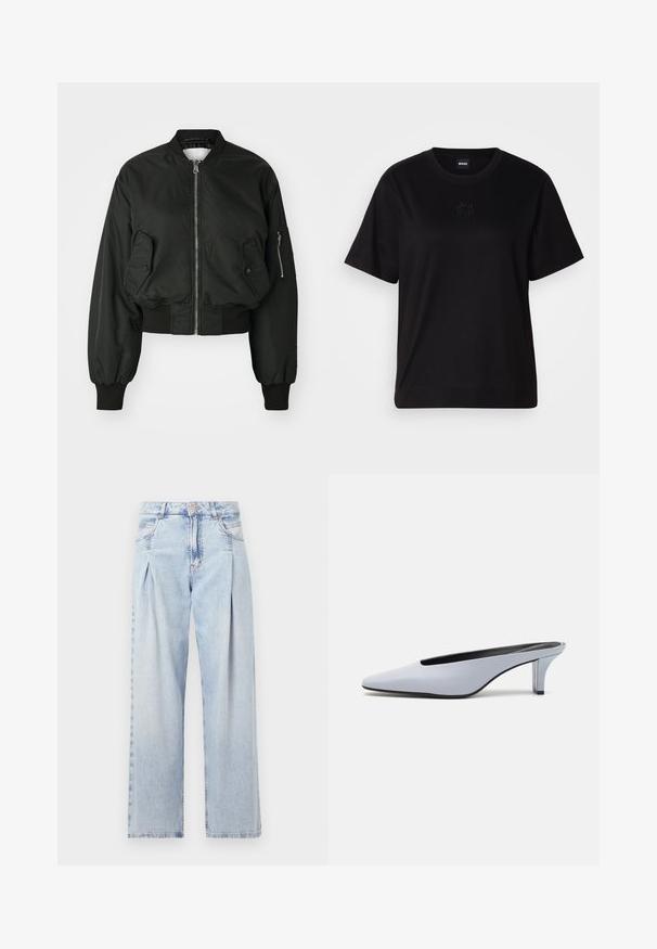 Černá bomber bunda se zipem vpředu, velkými bočními kapsami a žebrovanými manžetami. Vyrobena z hladké, odolné látky s krátkým střihem.; Černé bavlněné tričko s kulatým výstřihem, krátkými rukávy a vyšitým logem na hrudi. Jednoduchý, volný střih bez vzorů.; Světlé modré džíny z denimu s vysokým pasem, širokým střihem, dvěma bočními kapsami a nařaseným designem. Měkká textura s vybledlým povrchem.; Světle modrý lakovaný kožený mule s špičatou špičkou, nízkým transparentním podpatkem a štíhlým designem s výřezem na nártu.