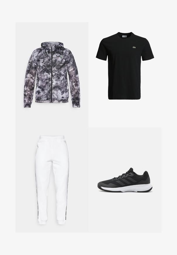 Lett, hettejakke i et svart og grått abstrakt mønster, med snøring, glidelås i front og elastiske mansjetter.; Svart bomulls T-skjorte med rund hals, korte ermer, og en liten grønn krokodille-logo på venstre bryst. Glatt tekstur, uformelt design.; Hvite joggebukser med elastisk midje, med svarte sidestriper og mansjetter. Laget av myk stoff med en glatt tekstur.; Svart idrettssko med teksturert overdel, tre horisontale striper, og en hvit såle med mønstret gummibunn. Lettvekts og strømlinjeformet design.
