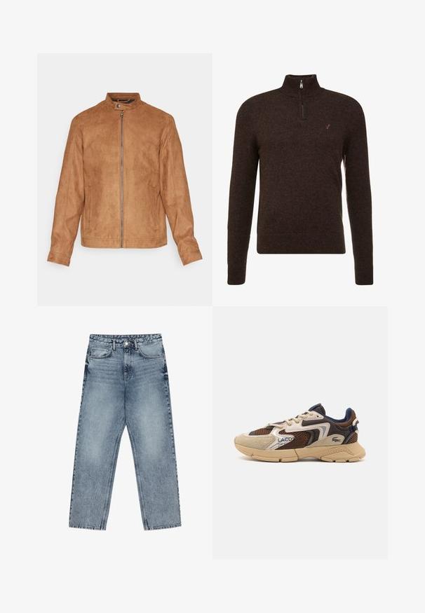 Giacca in finta suede marrone con colletto alto, zip frontale, due tasche laterali e una finitura testurizzata. Maniche di lunghezza media e orlo dritto.; Maglione in maglia marrone con colletto alto e chiusura a mezza zip. Presenta una texture sottile e un piccolo logo sul petto. Maniche lunghe.; Jeans in denim azzurro chiaro con taglio a gamba dritta, cuciture visibili, design a cinque tasche e chiusura a bottoni in vita.; Sneaker beige e marrone con pannelli in mesh testurizzati, accenti in suede e suola in gomma. Presenta un design con lacci e dettagli brandizzati.