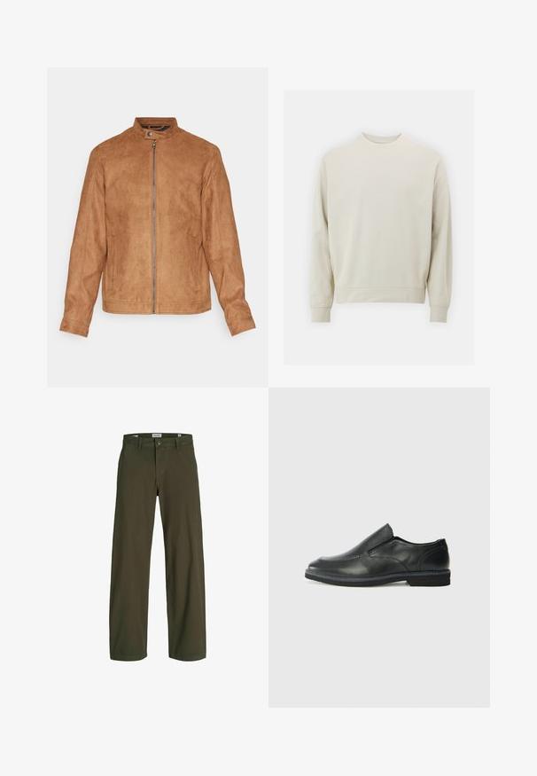 Bruine faux suède jas met een staande kraag, frontzipper, twee zijzakken en een gestructureerde afwerking. Midsleeves en een rechte zoom.; Lichtbeige sweatshirt van zachte stof met een ronde hals, lange mouwen en geribbelde boorden en zoom. Minimalistisch ontwerp, geen zichtbare patronen.; Olijfgroene broek met wijde pijpen van katoen. Voorzien van een knoopsluiting en ceintuurlussen. Gladde textuur met een klassieke snit en rechte pijpen.; Zwarte leren instapper met een soepele bovenkant, gestikte accenten, ronde neus en een lage rubberen hak. De zool heeft minimale profiel.