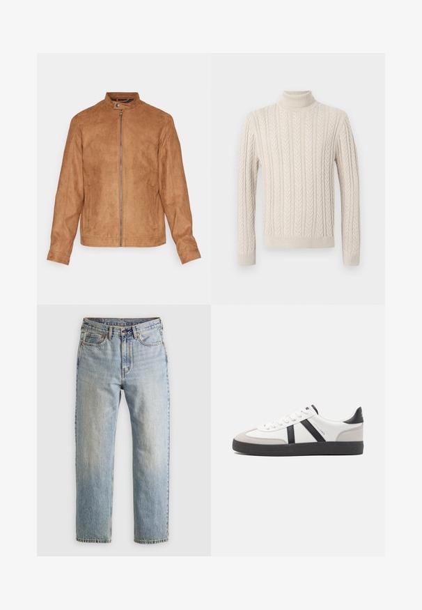 Veste en suède synthétique marron avec un col montant, fermeture éclair à l'avant, deux poches latérales et une finition texturée. Manches mi-longues et ourlet droit.; Pull en tricot beige avec un col roulé haut et côtelé. Présente un motif en maille torsadée texturé et des poignets et ourlet côtelés, offrant une apparence chaleureuse.; Jean en denim bleu clair à taille haute, avec bouton avant, fermeture éclair et design à cinq poches, posé à plat sur un fond neutre.; Baskets blanches avec des accents noirs et gris, présentant un embout texturé gris, une semelle en caoutchouc noir et des lacets plats blancs. Design épuré, style minimaliste.