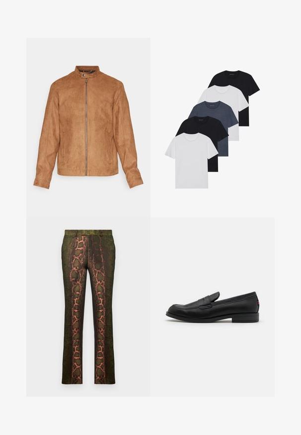 Hnedá faux semišová bunda s stojatým golierom, predným zipsom, dvoma bočnými vreckami a textúrovaným povrchom. Stredne dlhé rukávy a rovný lem.; Sada piatich tričiek v čiernej, bielej a námorníckej modrej farbe. Bavlnený materiál, krátke rukávy, dizajn s okrúhlym výstrihom a hladká textúra bez vzorov.; Zelené vzorované nohavice s designom hadieho potlače v odtieňoch hnedého a oranžového, rovného strihu a hladkej textúre.; Čierne kožené loafers s hladkým povrchom, zaoblenou špičkou a malým dekoratívnym klapom. Vlastnosti zahŕňajú nízky vrstvený podpätok a decentný branding.