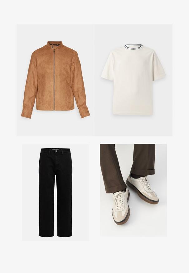 Braune Kunstwildlederjacke mit Stehkragen, Frontreißverschluss, zwei Seitentaschen und strukturiertem Finish. Mittellange Ärmel und gerader Saum.; Cremefarbendes Baumwoll-T-Shirt mit kurzen Ärmeln, das über einen runden Halsauschnitt mit navy- und weißen Streifen verfügt. Glatte Textur, lässige Passform.; Schwarze Jeanshose mit geradem Schnitt, klassischem Fünf-Taschen-Design und einem Knopfverschluss an der Taille. Glatte Textur und strapazierfähiger Stoff.; Beige Sneakers mit einer strukturierten Wildlederfront, glatten Lederseiten und einer braunen Gummisohle. Bändel und helle Nähdetails sind enthalten.