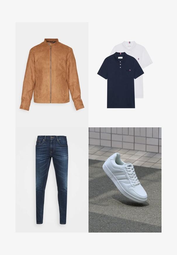Brązowa kurtka z sztucznego zamszu z kołnierzem stojącym, zamek błyskawiczny z przodu, dwoma bocznymi kieszeniami i teksturowanym wykończeniem. Rękawy o średniej długości i proste wykończenie na dole.; Dwa koszulki polo: jedna granatowa, a druga biała, obie z małym akcentem w kolorach czerwonym, białym i niebieskim na kieszeni na piersi oraz kołnierzyku.; Granatowe dżinsy o slim fit, delikatnym wyblaknięciu, pięciu kieszeniach i metalowym zapięciem. Haftowane akcenty w kontrastowym kolorze.; Białe sportowe trampki z gładkiej skóry, z zapięciem na sznurowadła, perforowanym noskiem i wzorzystą podeszwą. Minimalistyczny design z trzema paskami po bokach.