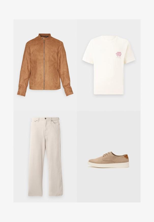 Bruine faux suède jas met een staande kraag, frontzipper, twee zijzakken en een gestructureerde afwerking. Midsleeves en een rechte zoom.; Witte T-shirt met korte mouwen met rode tekst "Studio Originals Edition" op de linker borst, weergegeven op een neutrale grijze achtergrond.; Beige corduroy broek met een recht model, voorzien van een geribbelde textuur, vijf zakken en een knoopsluiting.; Beige suède sneakers met een ronde neus, vetersluiting aan de voorkant en een getextureerde achteraccent. De witte rubberen zool zorgt voor contrast. Eenvoudig en modern ontwerp.