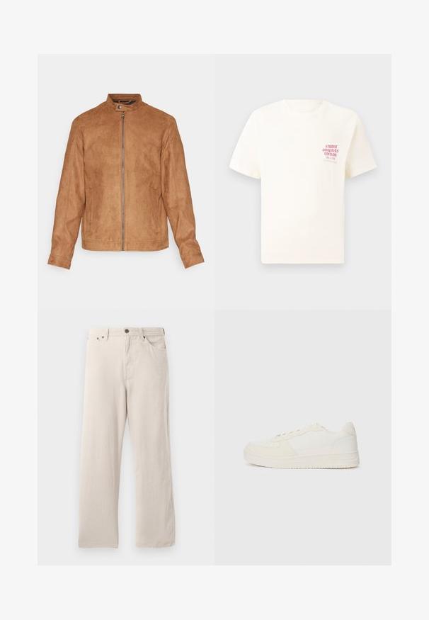 Veste en suède synthétique marron avec un col montant, fermeture éclair à l'avant, deux poches latérales et une finition texturée. Manches mi-longues et ourlet droit.; T-shirt blanc à manches courtes avec le texte rouge "Édition Originals du Studio" sur la poitrine gauche, présenté sur un fond gris neutre.; Pantalon droit en velours beige, avec une texture côtelée, un design à cinq poches et une fermeture à boutons.; Baskets blanches avec un dessus en cuir lisse et des accents en daim. Elles disposent d'un bout perforé, de lacets plats et d'une semelle en caoutchouc avec des détails texturés.