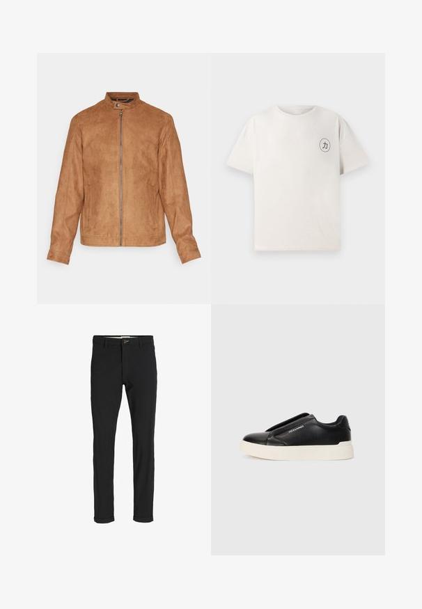 Veste en suède synthétique marron avec un col montant, fermeture éclair à l'avant, deux poches latérales et une finition texturée. Manches mi-longues et ourlet droit.; T-shirt à manches courtes, beige clair, fabriqué en coton. Il présente un col rond et un graphique circulaire noir avec un symbole sur la poitrine gauche.; Pantalons noirs en mélange de coton avec une coupe slim, dotés d'une fermeture à bouton, de poches et de revers pour une finition décontractée.; Baskets noires à enfiler avec un dessus en cuir texturé, semelle en caoutchouc blanche et sans lacets visibles. Présente le logo de la marque sur le côté.