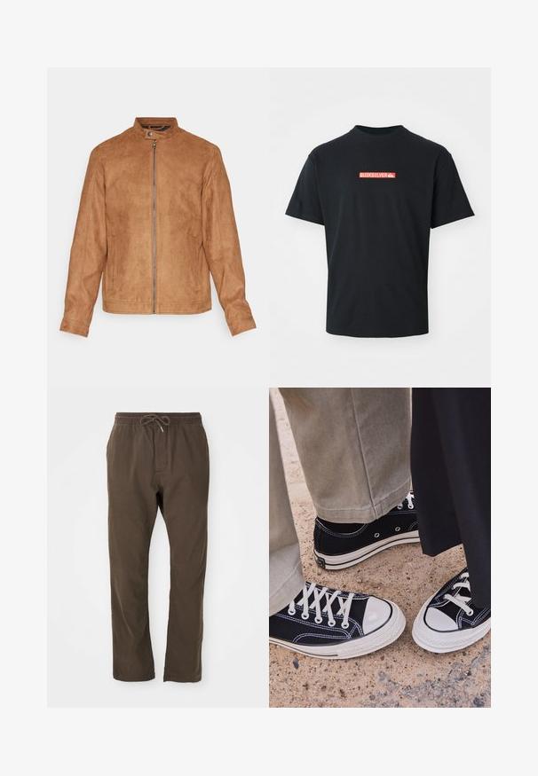 Braune Kunstwildlederjacke mit Stehkragen, Frontreißverschluss, zwei Seitentaschen und strukturiertem Finish. Mittellange Ärmel und gerader Saum.; Schwarzes T-Shirt mit kurzen Ärmeln und einem kleinen roten und weißen Quiksilver-Logo, das zentriert auf der Brust platziert ist, vor einem einfachen weißen Hintergrund.; Braune Freizeitpants mit elastischem Bund und Kordelzug, gerade geschnitten, geeignet für den täglichen Gebrauch.; Schwarze Segeltuch-Sneaker mit weißen Gummi-Zehenkappen und Schnürsenkeln. Kontrastnähte und Metallösen geben dem Schuh Detail. Getragen mit beigen Hosen und einem schwarzen Stoff.