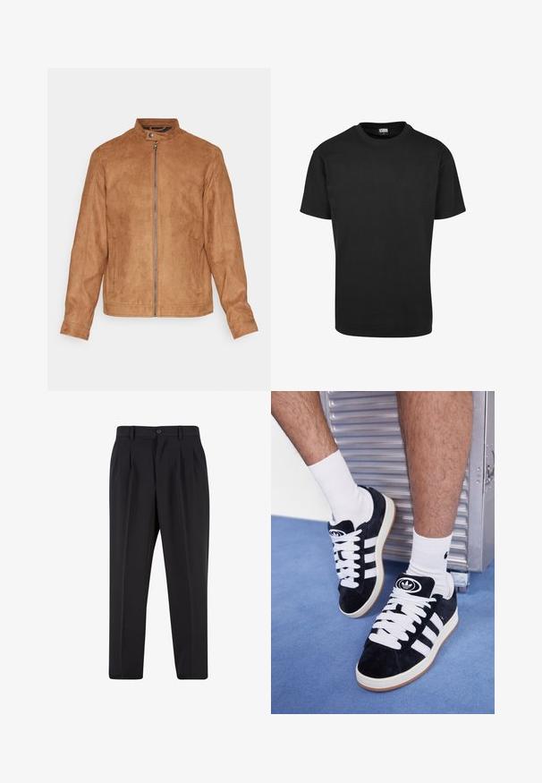 Barna műsuede dzseki álló gallérral, elülső cipzárral, két oldalsó zsebbel és texturált felülettel. Közepes hosszúságú ujjak és egyenes szegés.; Fekete pamut póló kerek nyakkivágással, rövid ujjakkal és egyenes aljjal. Simaság jellemzi; egyszerű, díszítetlen dizájn.; Fekete nadrág, pliszézett elejű dizájnnal, sima anyagból készült. Gombos záródás és övhurkok jellemzik; egyenes szabású.; Fekete velúr sportcipők fehér fűzőkkel és három fehér csíkkal. A nyelvén egy kör alakú fekete logó található, valamint egy gumis talp.