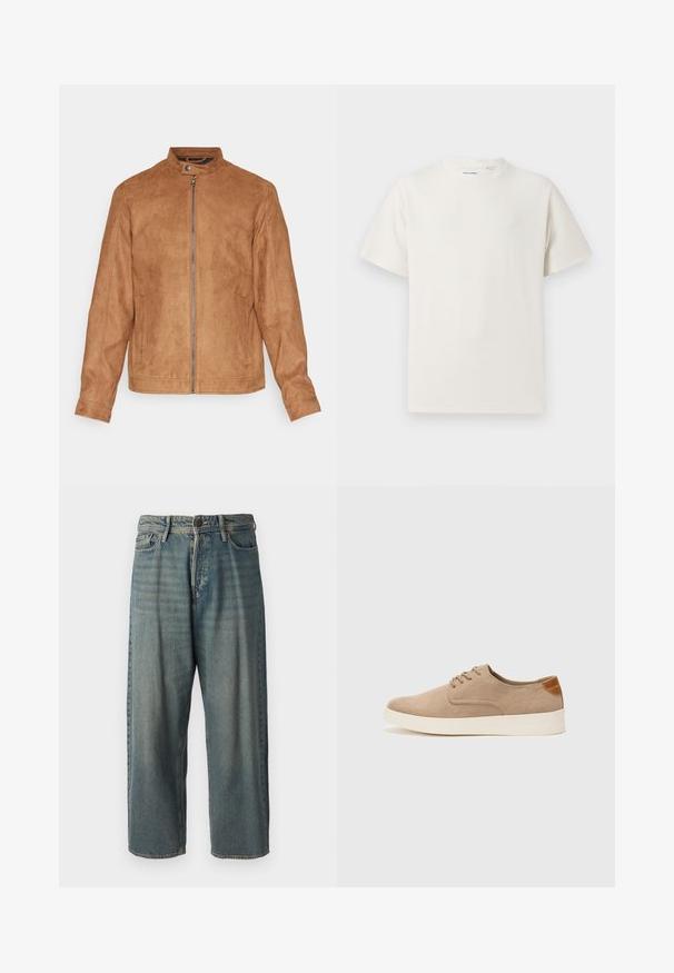 Ruskea keinonahkainen takki, jossa on pystykaulus, etuvetoketju, kaksi sivutaskua ja teksturoitu pinta. Puolipitkät hihat ja suora helma.; Valkoinen lyhythihainen T-paita ribbikuviossa. Pyöreä kaula-aukko, rento istuvuus, ei näkyviä kuvioita tai yksityiskohtia. Yksinkertainen ja monikäyttöinen muotoilu.; Vaaleansiniset farkut, joissa on väljä istuvuus, keskikorkea vyötärö ja suorat lahkeet. Ominaisuuksiin kuuluvat viisi taskua, vyölenkit ja nappisulku.; Beige nubuck-lenkkarit, joissa on pyöreä kärki, nauhakiinnitys ja teksturoitu takaosa. Valkoinen kumipohja tuo kontrastia. Yksinkertainen ja moderni muotoilu.