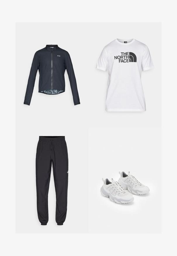 Schwarze Langarm-Radjacke aus leichtem Material, mit durchgehendem Reißverschluss vorne und einem reflektierenden Logo auf der linken Brustseite.; Weißes Baumwoll-T-Shirt mit einem schwarzen Grafikdruck, der Text und ein geschwungenes Logodesign zeigt. Runder Halsausschnitt und kurze Ärmel. Schlichte Textur.; Schwarze Sporthosen aus leichtem Stoff, mit einem Kordelzugbund, seitlichen Taschen und schmal zulaufenden Bündchen an den Knöcheln.; Weiße Sportschuhe mit einem Obermaterial aus Netzgewebe, grauen Akzenten, einer strukturierten Gummisohle und Zuglaschen an der Ferse; verfügt über ein Schnürdesign.