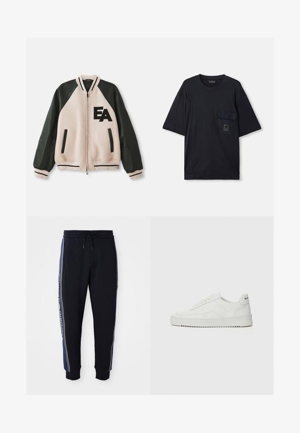 Béžová a černá varianta varsity bundy s koženými rukávy, předním zipem, dvěma vertikálními kapsami a logem "EA" na levé části hrudi.; Černé tričko s krátkým rukávem a kulatým výstřihem, které má kapsu s klopou na levé straně hrudi a malý obdélníkový logový štítek.; Černé joggers kalhoty s modrými bočními pruhy, elastický pas s šňůrkou, boční kapsy a žebrované manžety na kotnících.; Bílé kožené tenisky s hladkým povrchem, kulatou špičkou, plochými tkaničkami a texturovanou podrážkou. Na patě se nachází nenápadné logo.