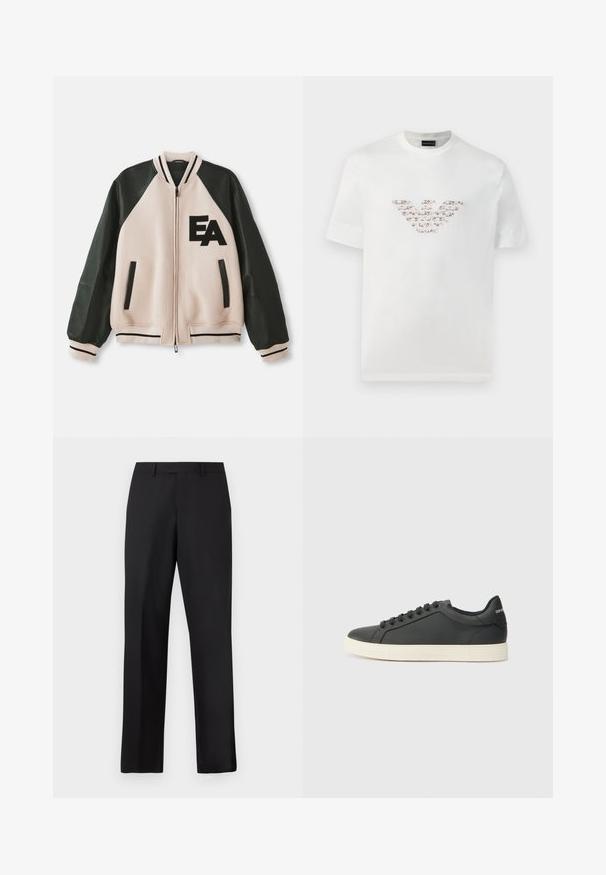 Beidzot un melns sporta žakets ar ādas piedurknēm, priekšējais rāvējslēdzis, divas vertikālas kabatas un "EA" logo kreisajā krūtī.; Baltas kokvilnas T-krekls ar īsām piedurknēm un apaļu kakla izgriezumu. Iekļaujas centrāls logo dizains rozā un brūnos toņos.; Melnas, taisnas bikses no gludas auduma. Tām ir standarta jostasvieta, bez redzamiem rakstiem vai akcentsiem.; Melna ādas kedas ar zemu profilu, noapaļotu purngalu un savelkamu aizdari; ar teksturētu gumijas zoli un logotipa detaļu uz papēža.