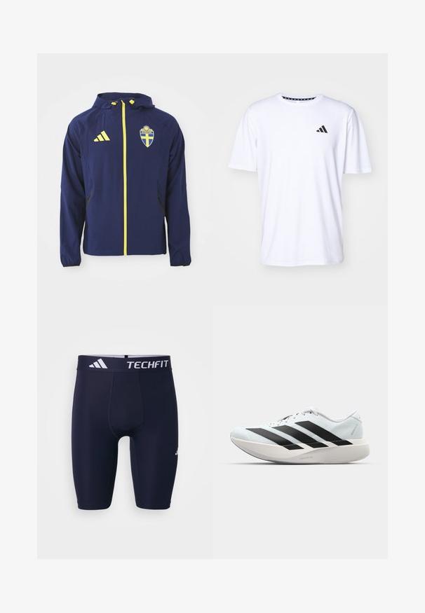 Námorně modrá nepromokavá bunda s žlutým zipem, emblémem švédské vlajky a černými akcenty. Vyrobena z lehkého, prodyšného materiálu.; Bílý tričko s krátkým rukávem vyrobené z látky s hladkou texturou. Na levé hrudi se nachází černé logo adidas a vzorovaný límeček.; Námořnické modré TECHFIT sportovní šortky s přiléhavým střihem, elastickým pasem s bílým logem a hladkým, pružným materiálem.; Lehké běžecké boty v světle modré barvě s černými pruhy. Mají hladký svršek, kulatou špičku a silnou bílou mezipodešev označenou "LIGHTSTRIKE PRO."