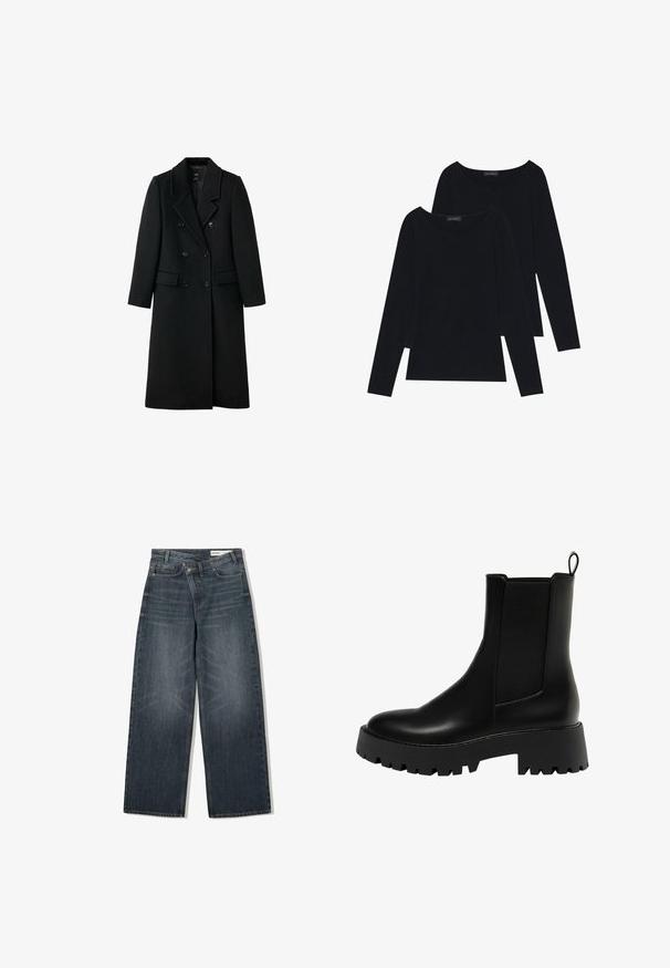 Sort, dobbeltradet uldfrakke med skræddersyet design, smalle klapper, to forlommer og knaplukninger, med en lige pasform.; To langeærmede sorte toppe i et blødt, ribbet stof med brede rund halsudskæringer, der har et enkelt design og en glat tekstur.; Mørk vaskede denim jeans med en bred benudskæring, der har høj talje, fem lommer og diskrete slidser på forsiden.; Sort læder ankelstøvle med en struktureret sidepanel, rund tå og kraftig platform sål med et zigzag-dækmønster.