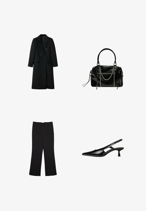 Zwarte, dubbelzijdige wollen jas met een tailored design, met revers, twee frontzakken en knoopsluitingen, met een rechte snit.; Zwarte lange mouwen cropped top met ronde halslijn, eenvoudige ontwerp en een licht gebogen zoom.; Zwarte broek met een rechte pasvorm, voorzien van zijzakken en plooien aan de onderzijde. Gemaakt van zachte, gladde stof. Geschikt voor verschillende gelegenheden.; Zwarte gepatineerde leren slingback hakken met een puntige neus, uitsparing aan de zijkant en een kleine vierkante hak. Gladde textuur met minimale accenten.; Bershka WITH CHAIN - Handtas - black