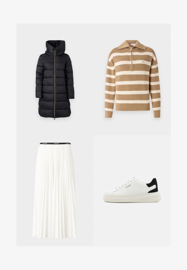 Svart polstret jakke med høy krage og full lengde glidelås. Har horisontal quiltet mønster og lange ermer.; Lysebrun og kremfarget stripete genser med kvart glidelås, som har en ribbet tekstur og liten logo på brystet.; Plissert hvit skjørt med en svart elastisk midje som har "LACOSTE"-logoen. Midjelengde design med myk tekstur.; Hvite lær sneakers med tykk hvit såle, svart semsket hælforsterkning og preget logo på siden. Snøresystem med seks hull.