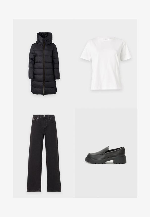 Schwarze gepolsterte Jacke mit hohem Kragen und durchgehendem Reißverschluss. Sie verfügt über ein horizontal gestepptes Muster und lange Ärmel.; Weißes Baumwoll-T-Shirt mit kurzen Ärmeln, Rundhalsausschnitt und lockerer Passform. Glatte Textur, keine Muster oder Akzente, minimalistisches Design.; Schwarze weit geschnittene Jeans aus Denim mit einem hoch sitzenden Bund, fünf Taschen und einem Metallknopfverschluss mit kontrastierendem Nähte.; Schwarze Lederloafer mit einer abgerundeten Spitze, dicker strukturierten Laufsohle und minimalen Nähten. Schlankes Design ohne sichtbare Schnürsenkel oder Beschläge.