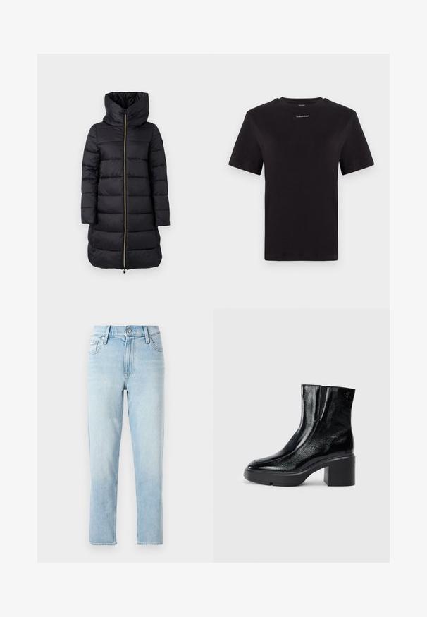 Juodas paminkštintas paltas su aukštu apykakle ir pilnu užtrauktuku. Yra horizontalus siuvinėjimo raštas ir ilgos rankovės.; Juodas medvilninis marškinėliai trumpomis rankovėmis, apykaklė, su mažu baltu "Calvin Klein" logotipu krūtinėje. Lygus paviršius, klasikinis siluetas.; Šviesiai mėlyni džinsai, tiesaus kirpimo, vidutinio juosmens, su penkiomis kišenėmis ir mygtukų užsegimu priekyje.; Juodi lakiniai auliniai batai iki kulkšnies, su išlenktu pirštu, elastinėmis šoninėmis panelėmis ir masyviu blokuotu kulnu. Apdailoje užpakalinėje dalyje įspaustas logotipas.