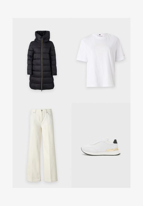 Schwarze gepolsterte Jacke mit hohem Kragen und durchgehendem Reißverschluss. Sie verfügt über ein horizontal gestepptes Muster und lange Ärmel.; Weißes Baumwoll-T-Shirt mit Rundhalsausschnitt, kurzen Ärmeln und dezentem gelben Logodesign mit der Aufschrift "HILFIGER NEW YORK 1985." Standardpassform.; Weite weiße Jeans aus einem Baumwollmischgewebe. Verfügt über einen Reißverschluss, ein Fünf-Taschen-Design und Nähte entlang der Säume.; Weißer Sneaker mit einer glatten Oberfläche, ausgestattet mit einem schwarzen Akzent an der Ferse und einem goldenen metallischen Detail an der Zwischensohle. Schnürdesign, gummierte Sohle.