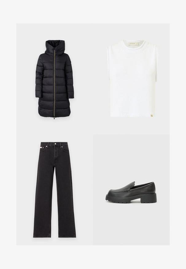 Black padded coat with a high collar and full-length zipper. Features horizontal quilted pattern and long sleeves.; White sleeveless knit top with a round neckline, ribbed hem, and side stitching details; features a small branded tag at the bottom.; Black wide-leg jeans made of denim, featuring a high-rise waist, five-pocket styling, and a metal button closure with contrasting stitching.; Black leather loafers with a rounded toe, thick textured sole, and minimal stitching details. Sleek design with no visible laces or hardware.
