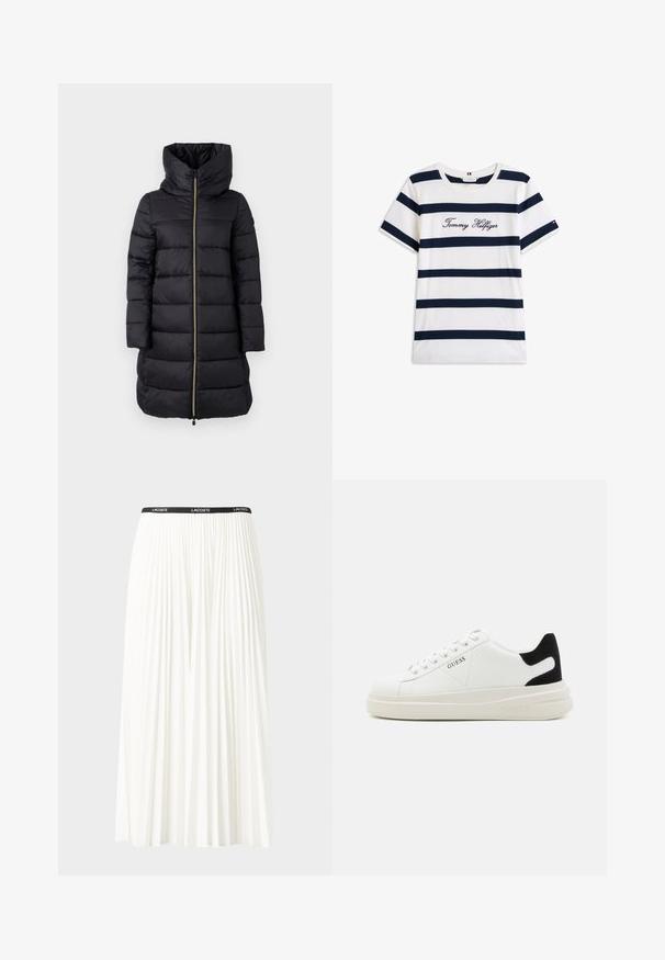 Crni zimski kaput s visokim ovratnikom i zatvaračem punih dužina. Ima horizontalni kvadratičasti uzorak i duge rukave.; Pamučna majica s horizontalnim tamnoplave pruge na bijeloj pozadini. "Tommy Hilfiger" izvezeno kurzivom na prsima. Okrugli izrez.; Nabrana bijela suknja s crnim elastičnim pojasom na kojem se nalazi logo "LACOSTE". Srednje dugačak dizajn s mekim teksturom.; Bijele kožne tenisice s debelim bijelim potplatom, crnim zamšastim akcentom na peti i ugraviranim logom sa strane. Dizajn s vezicama i šest rupa za vezivanje.