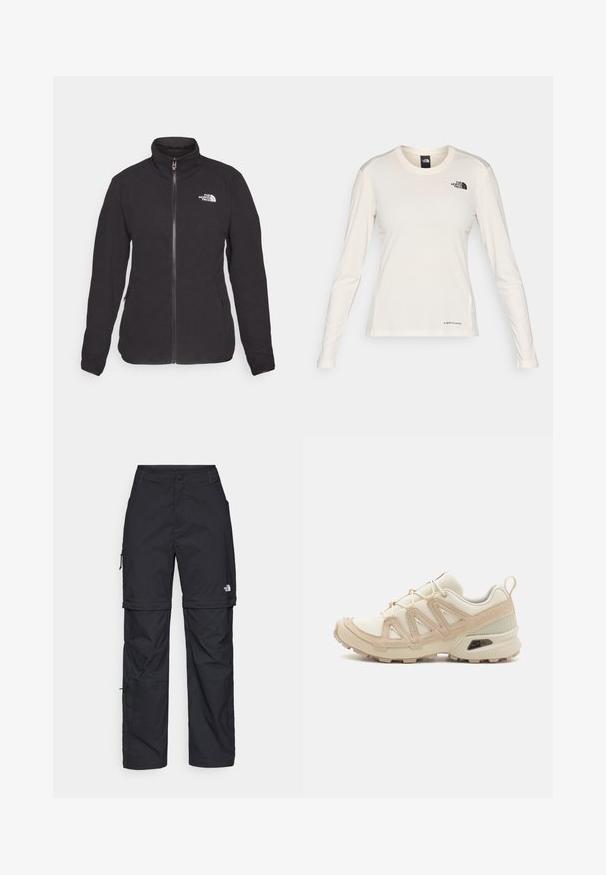 Sort fleecejakke med høj krave, frontlynlås og to sidetasker. Har et hvidt logo på venstre bryst. Blød tekstur.; The North Face SHADOW LONG SLEEVE - Langærmet T-shirt - white dune; Sorte nylon cargo bukser med lynlås, justerbare manchetter, flere lommer og et logo på højre ben. Glat, let tekstur.; Beige og creme atletiksko med struktureret mesh-overdel, støttende overlays og gummiyderside med et mønster for trækkraft.