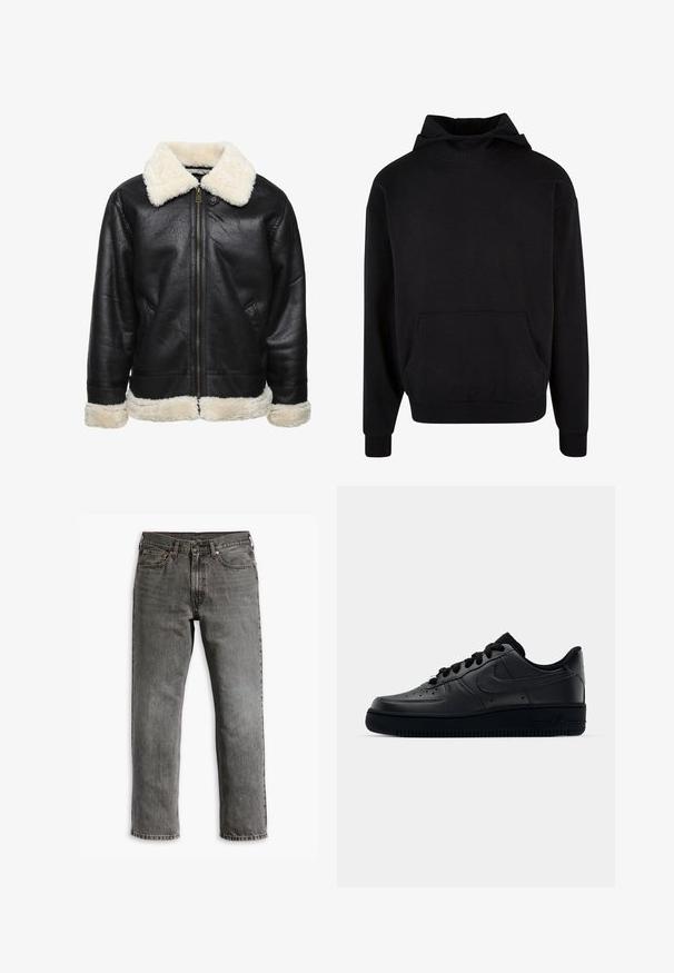 Černá koženka s bílým umělým kožešinovým límcem a manžetami. Obsahuje přední zip a boční kapsy. Viditelný texturovaný povrch.; Černá mikina s kapucí vyrobená z měkkého materiálu, obsahující klokánkovou kapsu, žebrované manžety a uvolněný střih. Hladký povrch, minimalistický design.; Šedé denimové džíny s rovnými nohavicemi, designem s pěti kapsami a mosaznými doplňky pro zapínání a akcenty. Viditelná opotřebovaná textura.; Černé tenisky Nike Air Force 1 s hladkým koženým svrškem, perforovanou špičkou pro prodyšnost, černými tkaničkami a texturovanou gumovou podešví.
