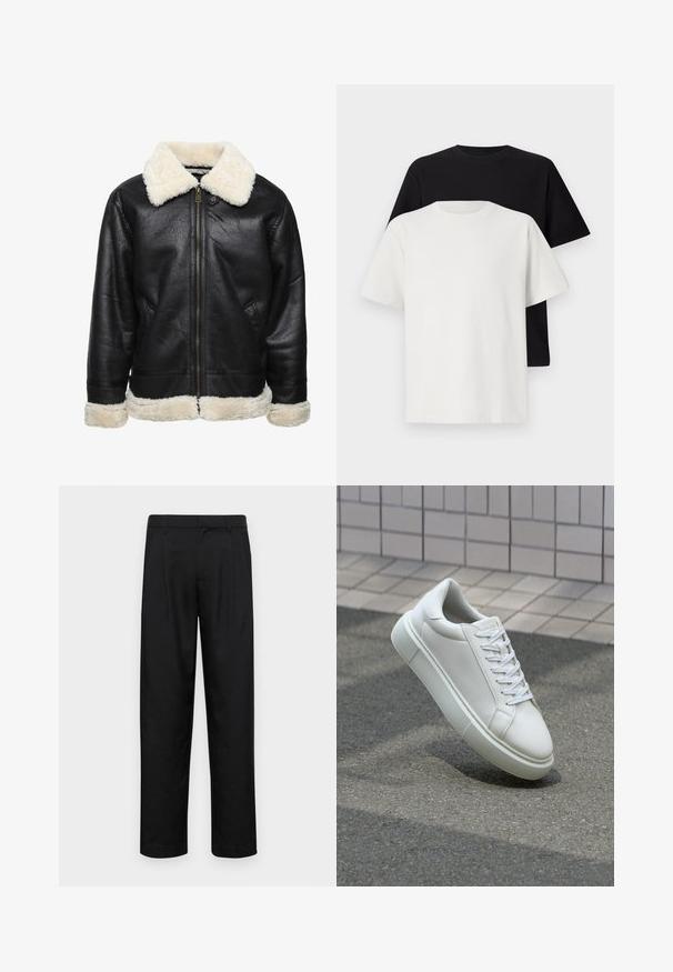 Giacca nera in ecopelle con colletto e polsini in ecopelliccia bianca. Presenta una zip frontale e tasche laterali. Superficie texturizzata visibile.; Set di t-shirt in cotone composto da una maglietta nera e una bianca, entrambe con maniche corte, scollatura rotonda e vestibilità standard. Tessuto testurizzato.; Pantaloni neri realizzati in tessuto liscio, caratterizzati da un taglio dritto, due pieghe frontali e una vita standard con passanti per la cintura.; Sneaker bianco in pelle con superficie liscia, punta rotonda e lacci piatti bianchi. Presenta una suola in gomma texturizzata e un design minimale.