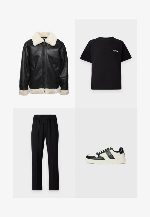 Schwarze Kunstlederjacke mit einem weißen Kunstfellkragen und -manschetten. Sie verfügt über einen Frontreißverschluss und seitliche Taschen. Die strukturierte Oberfläche ist sichtbar.; Schwarzes Baumwoll-T-Shirt mit Rundhalsausschnitt, kurzen Ärmeln und kleinem weißen Logotext auf der linken Brust. Schlichtes Design, klassischer Schnitt.; Schwarze, Gummibund-Hosen mit geradem Schnitt, die eine glatte Textur aufweisen und keine sichtbaren Muster oder Beschläge haben.; Leder-Sneaker in Schwarz- und Cremetönen, mit perforierten Akzenten, einem gepolsterten Kragen und einer strukturierten Laufsohle.