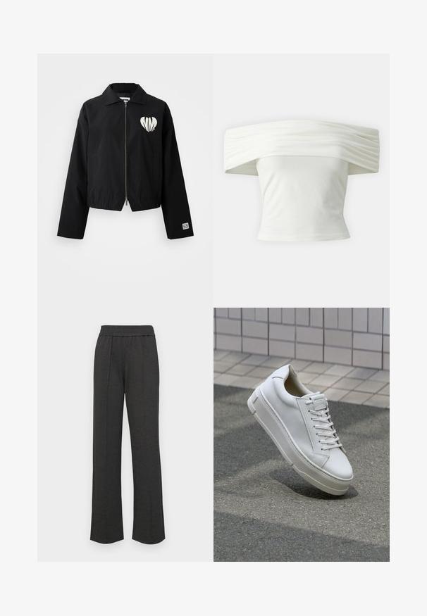 Melns īss jaka ar apkakli, priekšējo rāvējslēdzēju, sānu kabatām un baltu sirds grafiku. Gluda auduma struktūra ar elastīgu apakšmalu un piedurkņu maliņām.; Balta blūze ar atvērtām plecu daļām un plēktām, strukturētām kakla izgriezumiem, kā arī pieguļošu modeli. Izgatavota no mīksta auduma ar gludu tekstūru.; Melni taisni bikses ar elastīgu jostu, priekšējiem krokām, mīkstu audumu un bez redzamām rakstu vai aparatūras detaļām.; Baltas ādas sporta apavi ar zemu augšanas dizainu, plakaniem šņorēm, noapaļotu purngalu un teksturētām malām. Bieza gumijas zole ar smalkām akcentiem.