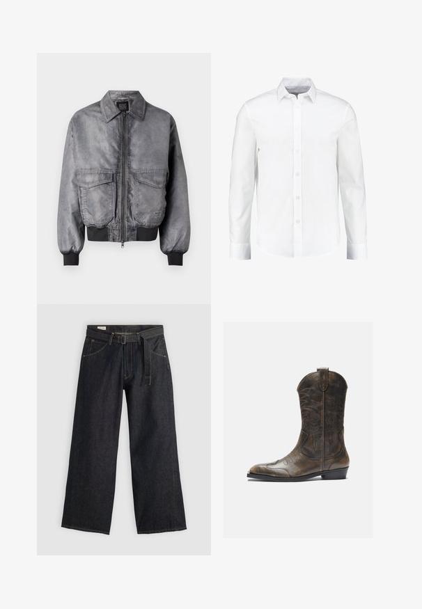 Grå bomberjakke med en glatt tekstur, glidelås foran, to store brystlommer, og ribbestrikkede mansjetter og kant. Har en klassisk krage-design.; Hvit langermet skjorte med knapper laget av glatt bomull. Den har en klassisk krage og knappefrontlås med rett avslutning.; Mørk denim vidde bukser med belte i midjen, som har frontlommer og kontraststing. Glatt tekstur med et rent design.; Brune lær cowboy støvler med høy skaft, spiss tå, intrikate broderimønstre og en liten hæl. Teksturert finish overalt.