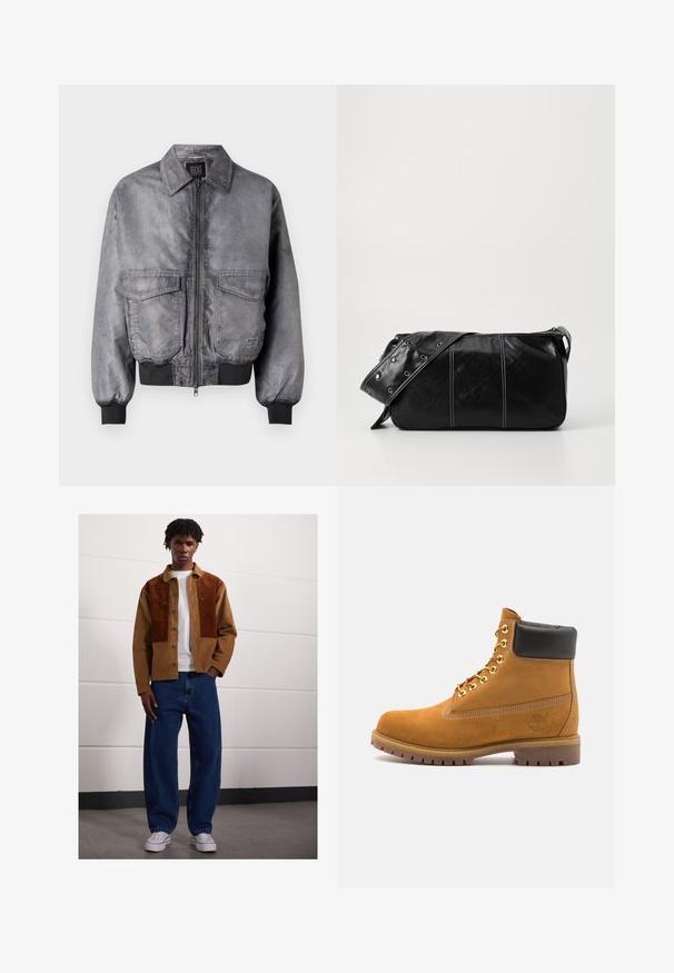 Grå bomberjacka med en slät textur, dragkedja fram, två stora bröstfickor samt ribbad manschett och nederkant. Har en klassisk kragdesign.; Ljusgrå långärmad polo skjorta i mjukt tyg, med vit krage och fyra-knapp placket. Slät textur, avslappnad design.; Man som står inomhus och bär en brun kordflodjacka med rostfärgade fläckar, vit t-shirt, lösa blå jeans och vita sneakers.; Tan mockasins ankelstövlar med svart vadderad krage, guldmetallöglor, vit sömdekor och slitstöt gummisula med utmärkta mönster.; Svart läder axelväska med dragkedjestängning, som har en texturerad yta, vit sömnad och ett bälte med silveröglor.