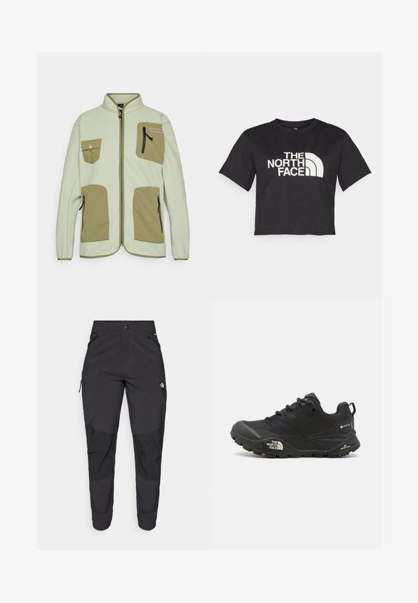 Fleece jakna v svetlo zeleni barvi z kontrastnimi olivno zelenimi žepi, z zadrgo in visokim ovratnikom; ima dva žepa na prsih in stranske zadrge.; Črna kratka majica iz bombaža, ki ima spredaj bel logotip s ukrivljenimi akcenti in besedilom "THE NORTH FACE". Kratke rokave, okroglo izrezan ovratnik.; Črne zunanje hlače iz trpežnega materiala. Imajo žepke na zadrgo, ojačane kolenske dele in ravno krojeno zasnovo za prosto gibanje.; Črne pohodne čevlje z teksturirano zgornjim delom, vezalnim zapiranjem in masivnim gumijastim podplatom, ki ima opazen logotip na strani in vzorce profila.
